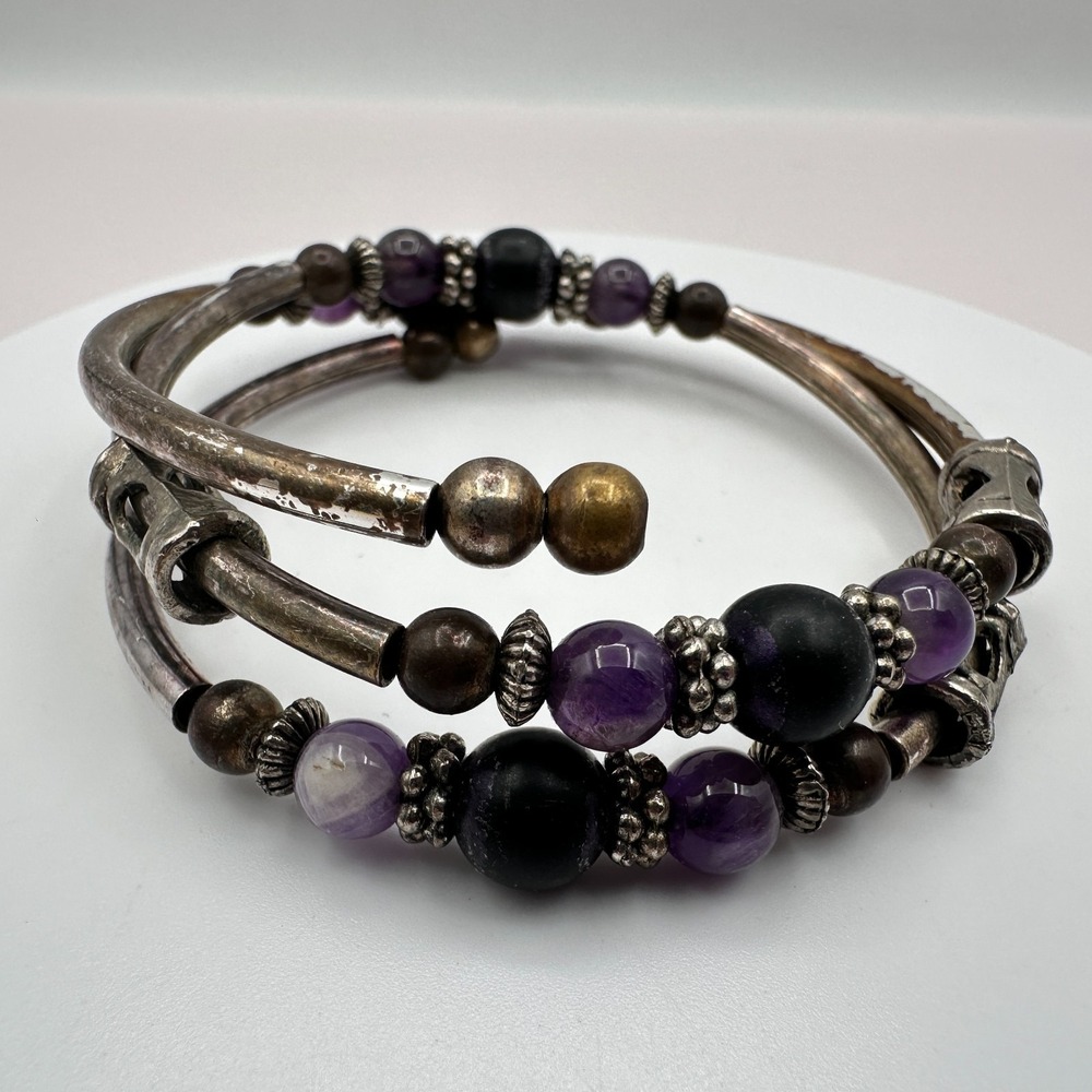 Vintage Silver Tone Amethyst Coil Wrap Cuff Bracelet Boho Y2K 80s